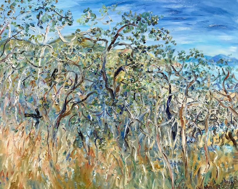 Perceval_Flowering Gums and Mangroves at Dingo Beach with Black Cockatoos_oil on canvas_123 x 152cm
