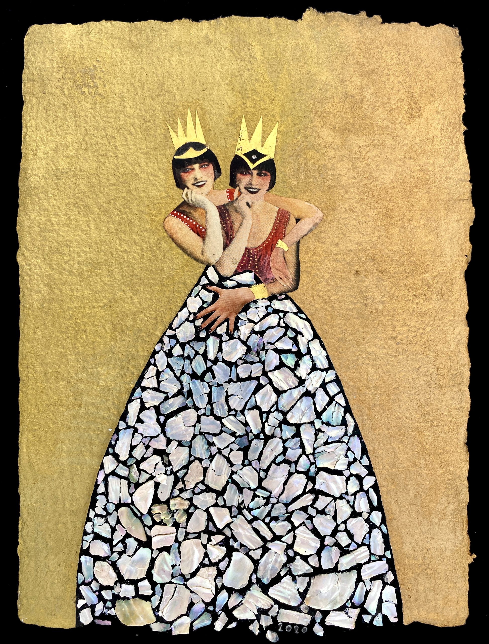 Kelly_Pearly queens_Collage, watercolours, mother of pearl, 24ct gold leaf and natural diamond on St Armand handmade cotton paper_24 x 18cm_