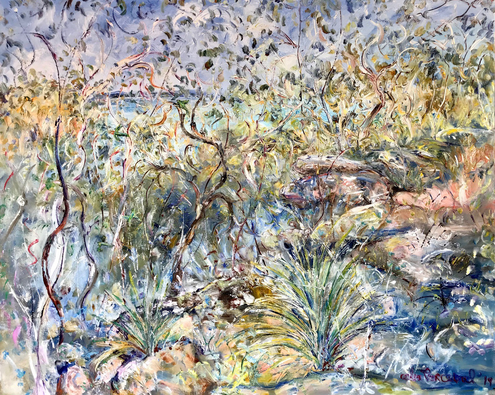 Perceval_Green Parrots and Rocky Ridge at Yenabilli Point_123 x 152cm