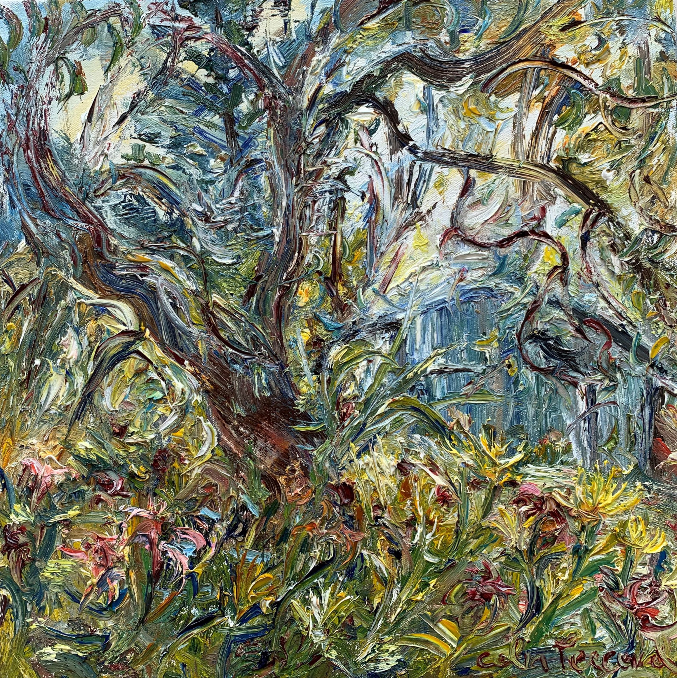 Perceval_Old Tree Over Polly's Shed with Flowers and Crow_oil on canvas_40 x 40cm (2)