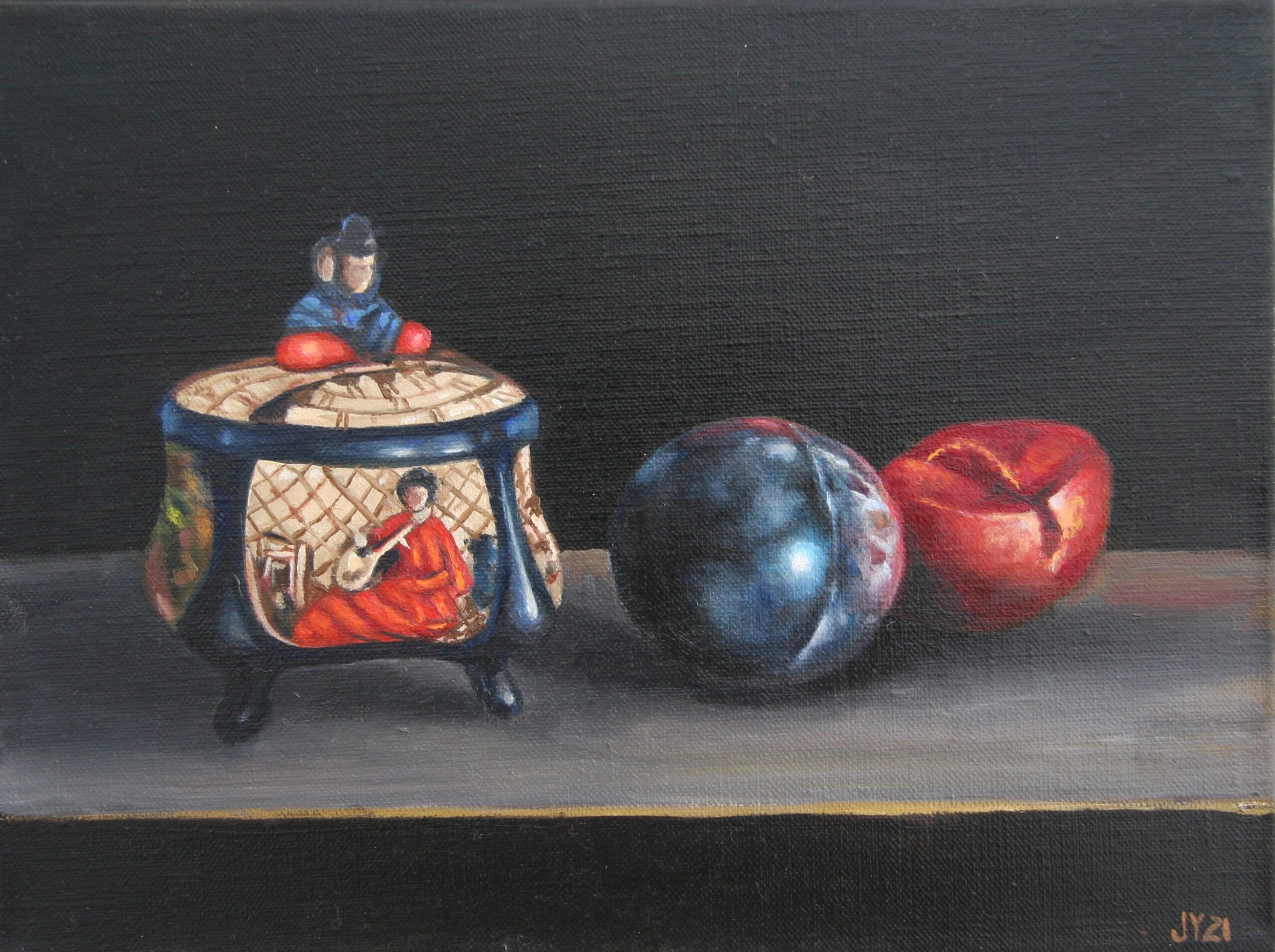 Young- Embosa Ware Trinket Box, Plums- oil on linen- 23 x 30cm