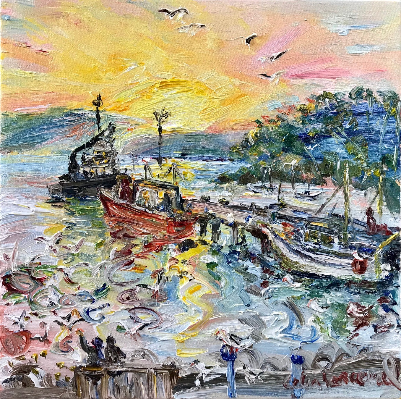 Celia Perceval Feeding the Seagulls at Sunset Over the Bay oil n canvas 40 x 40cm