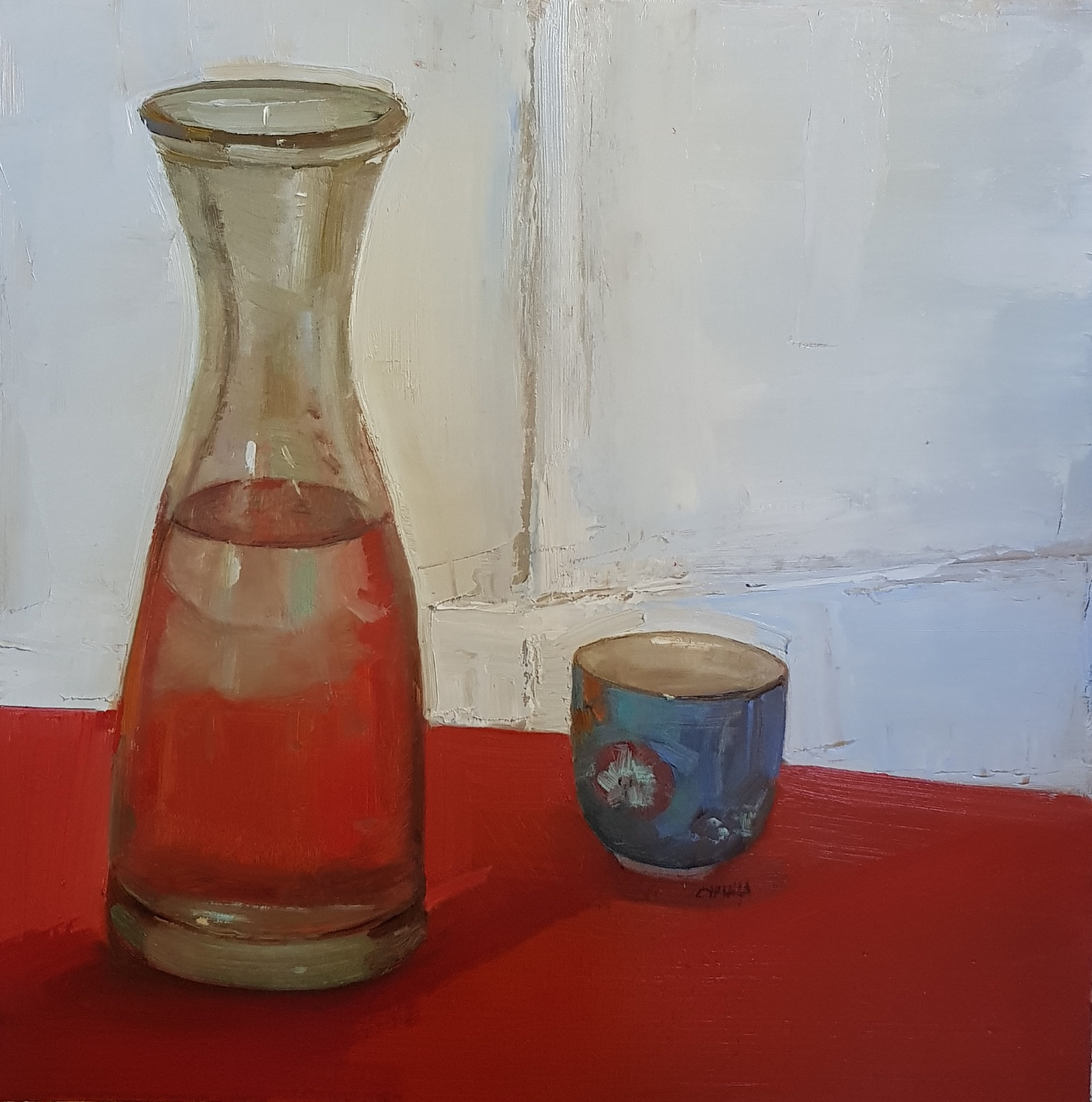 Cyrulla vase and blue cup in red and white oil on linen 40 x 40cm