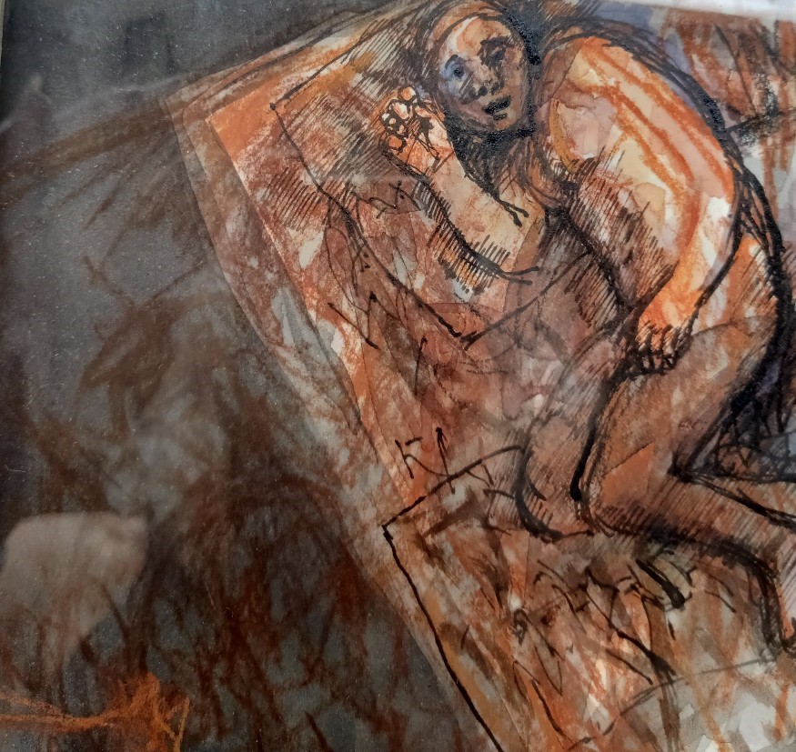 Margaret Woodward Reclining Figure and Dog ink pastel and wash on paper 16 x 15cm
