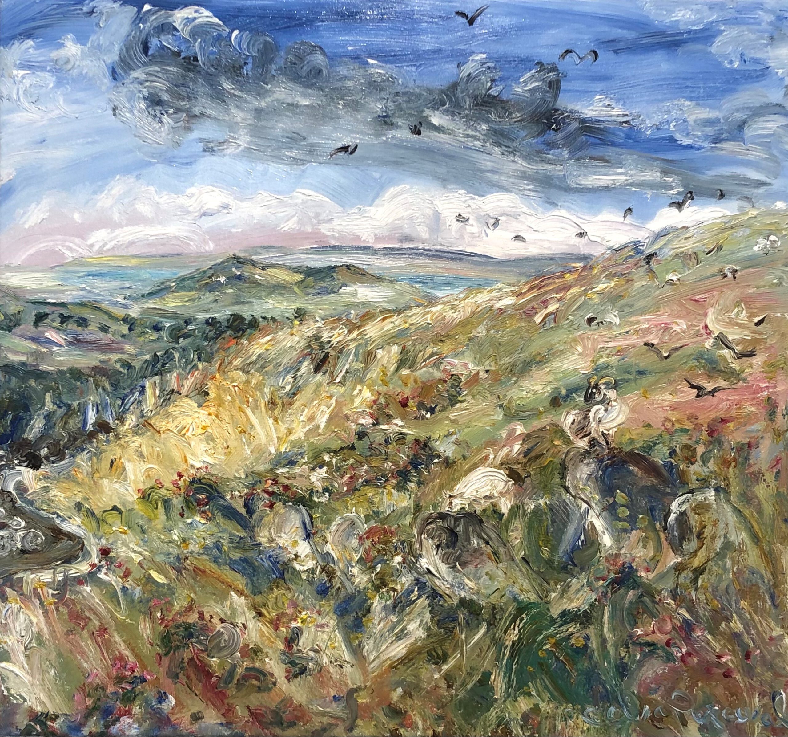 Celia Perceval 'Rock Hillside with Goats Looking Towards Tralee Bay, Ireland' oil on canvas 73 x 80cm $12,000