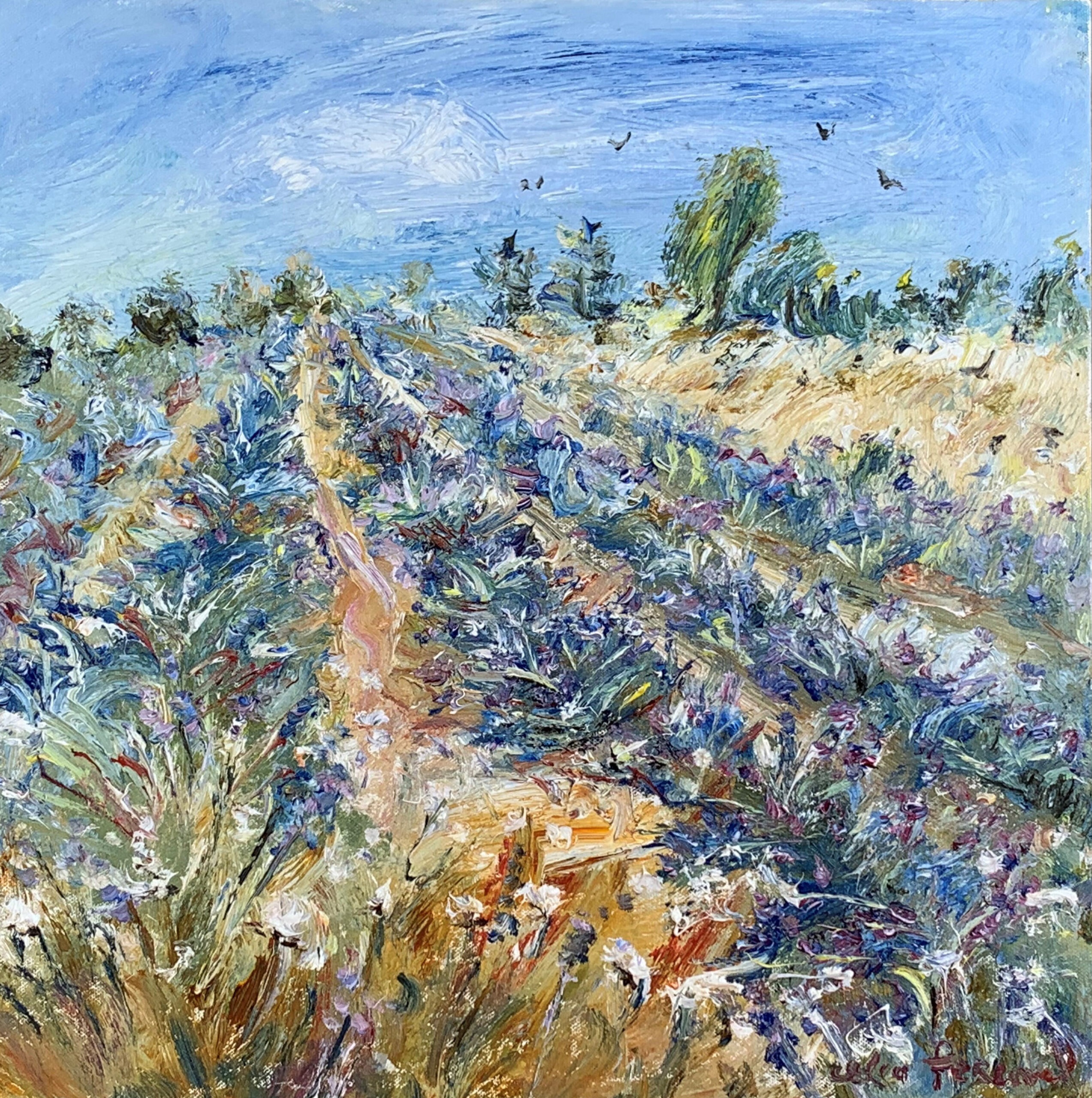 Celia Perceval 'Lavender Fields Above Castellane, France' oil on canvas 40 x 40cm $4,900