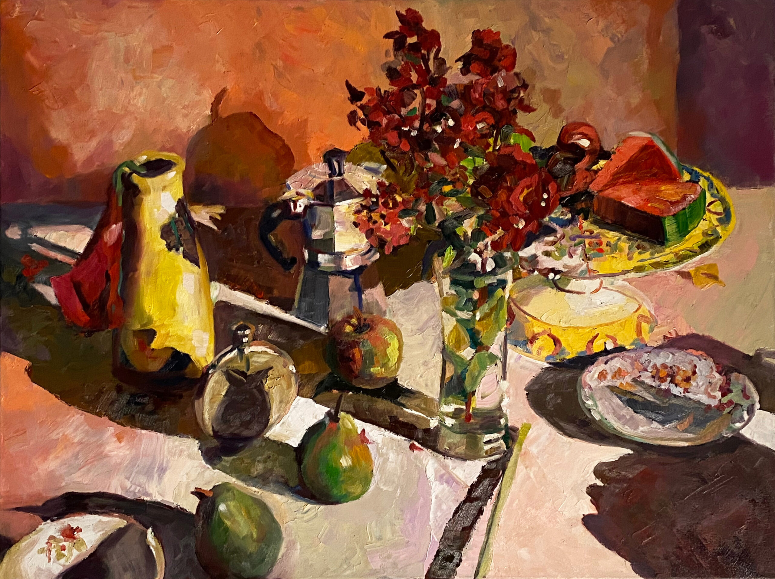 Rosemary Valadon 'Hip flask, coffee, fruit and flowers' oil on canvas 76 x 101cm $12,000