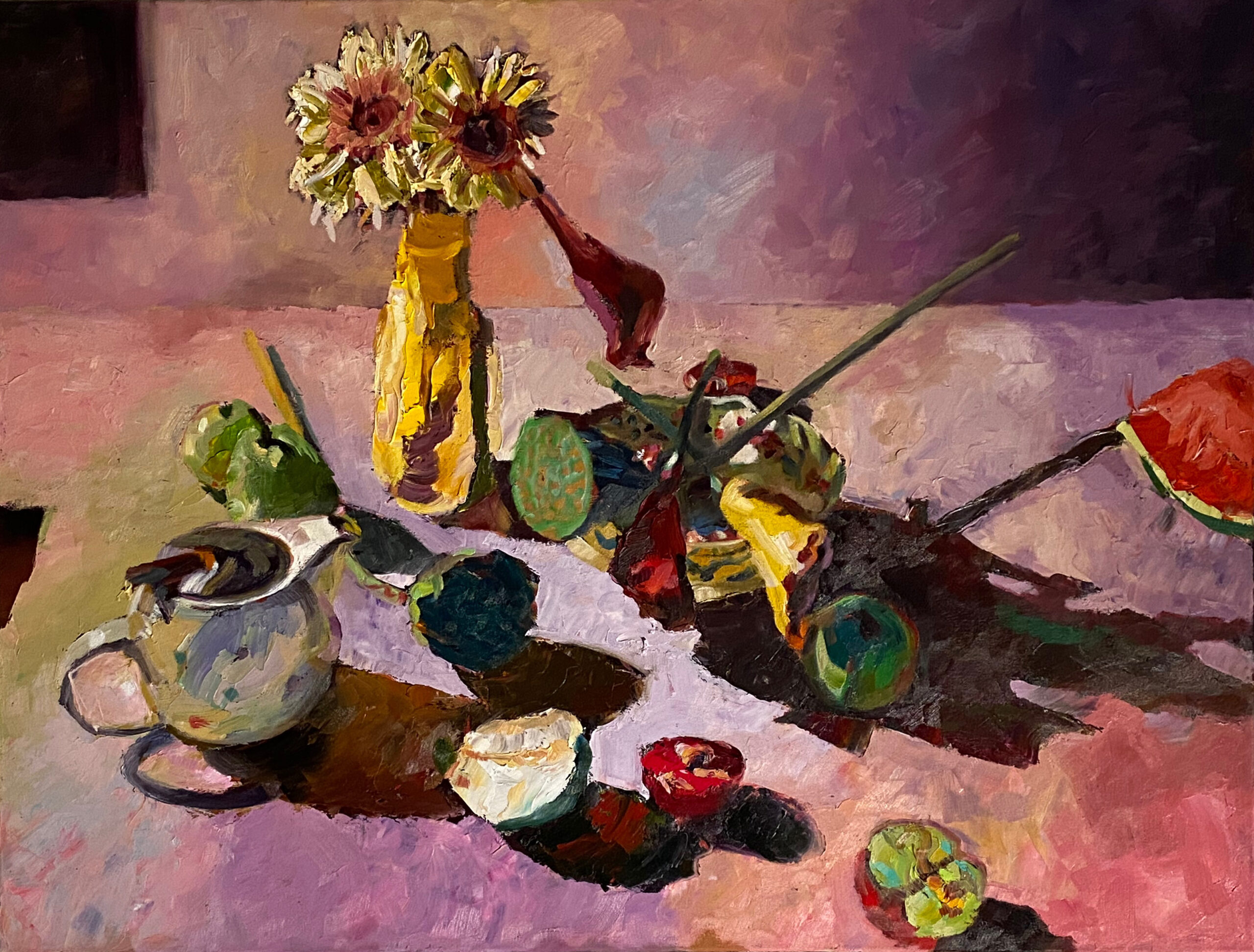 Rosemary Valadon 'Landscape 3 Teapot, Flowers, Fruit' oil on linen 76 x 101cm $12,000
