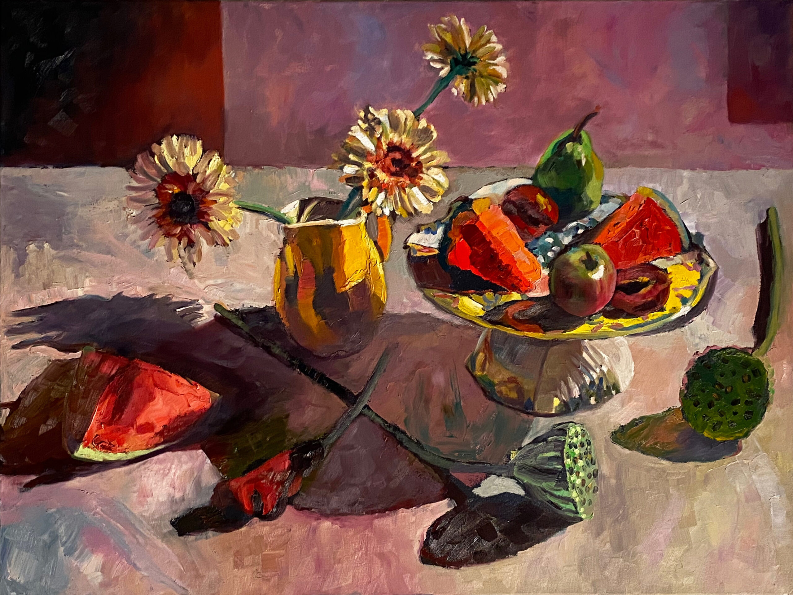 Rosemary Valadon 'Yellow Jug Fruit and Flowers' oil on linen 76 x 101cm $12,000