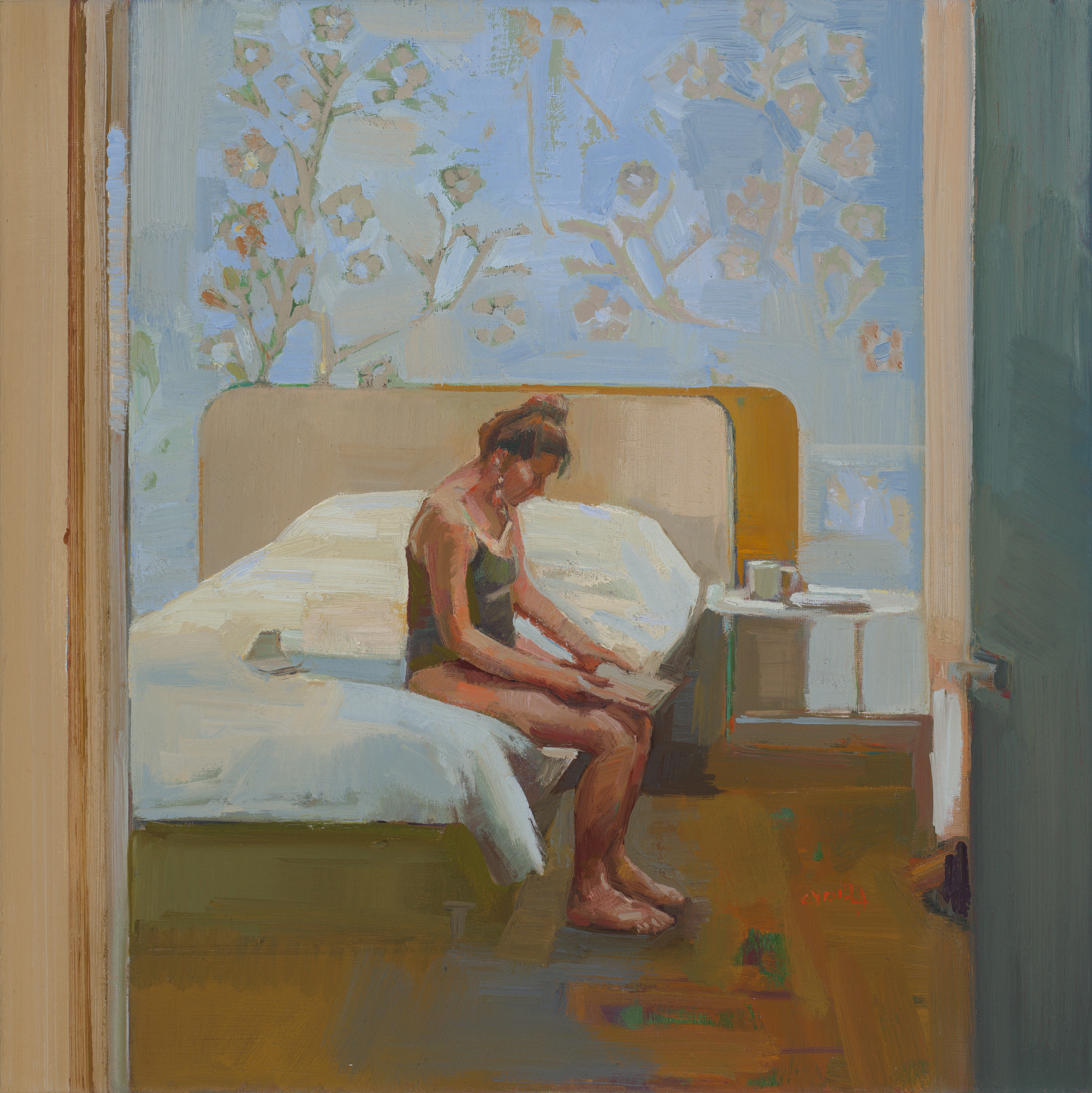Dagmar Cyrulla 'After Hopper with blue wallpaper and flower motif' oil on linen 40 x 40cm $4,900