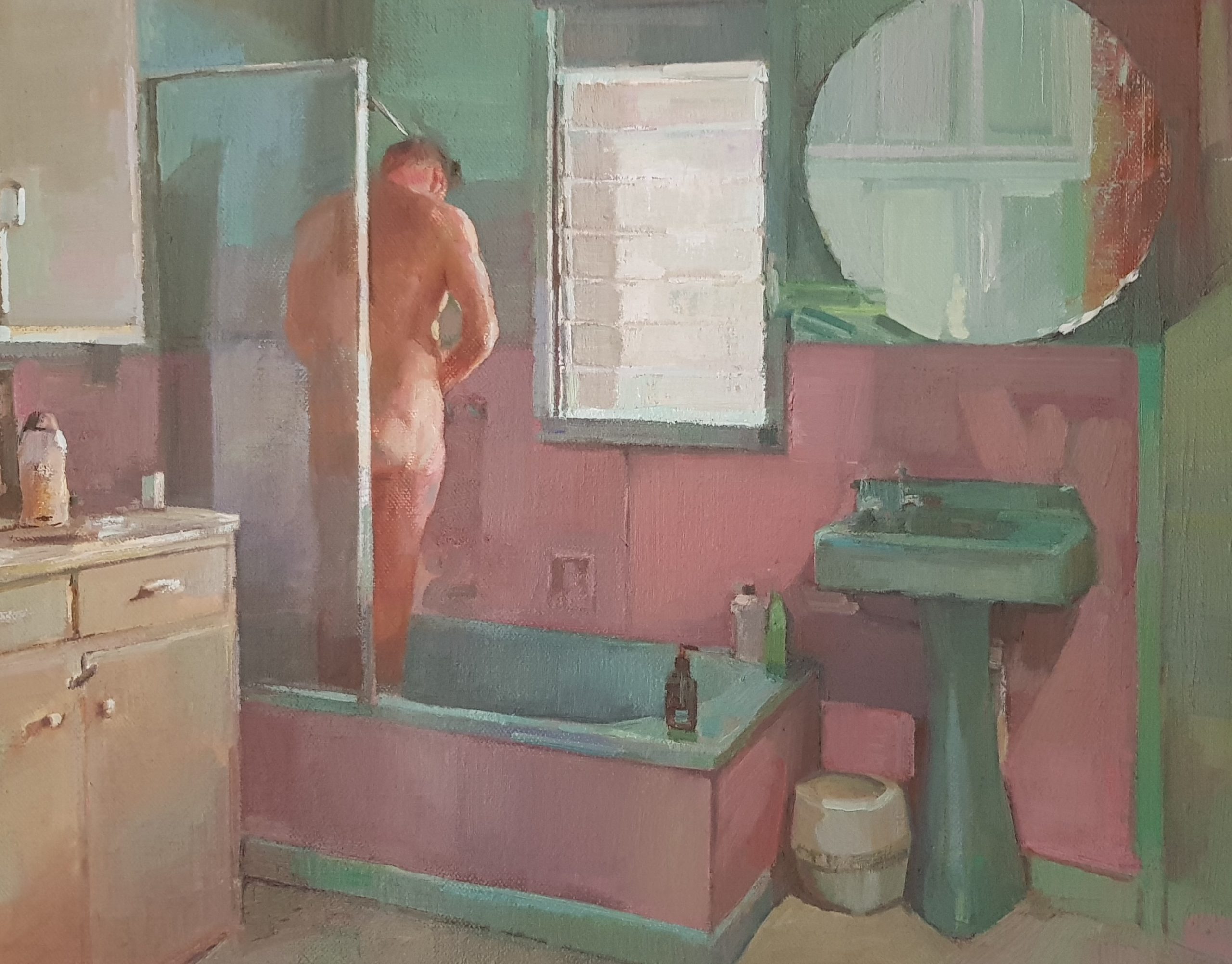 Dagmar Cyrulla 'Larry In The Shower' oil on linen 43 x 54cm SOLD