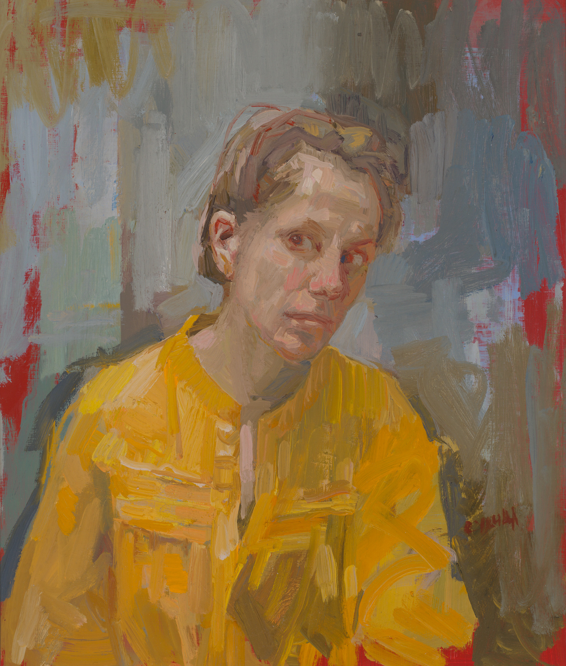 Dagmar Cyrulla 'Self portrait in yellow shirt' oil on board 40 x 35cm PORTIA GEACH FINALIST $4,500