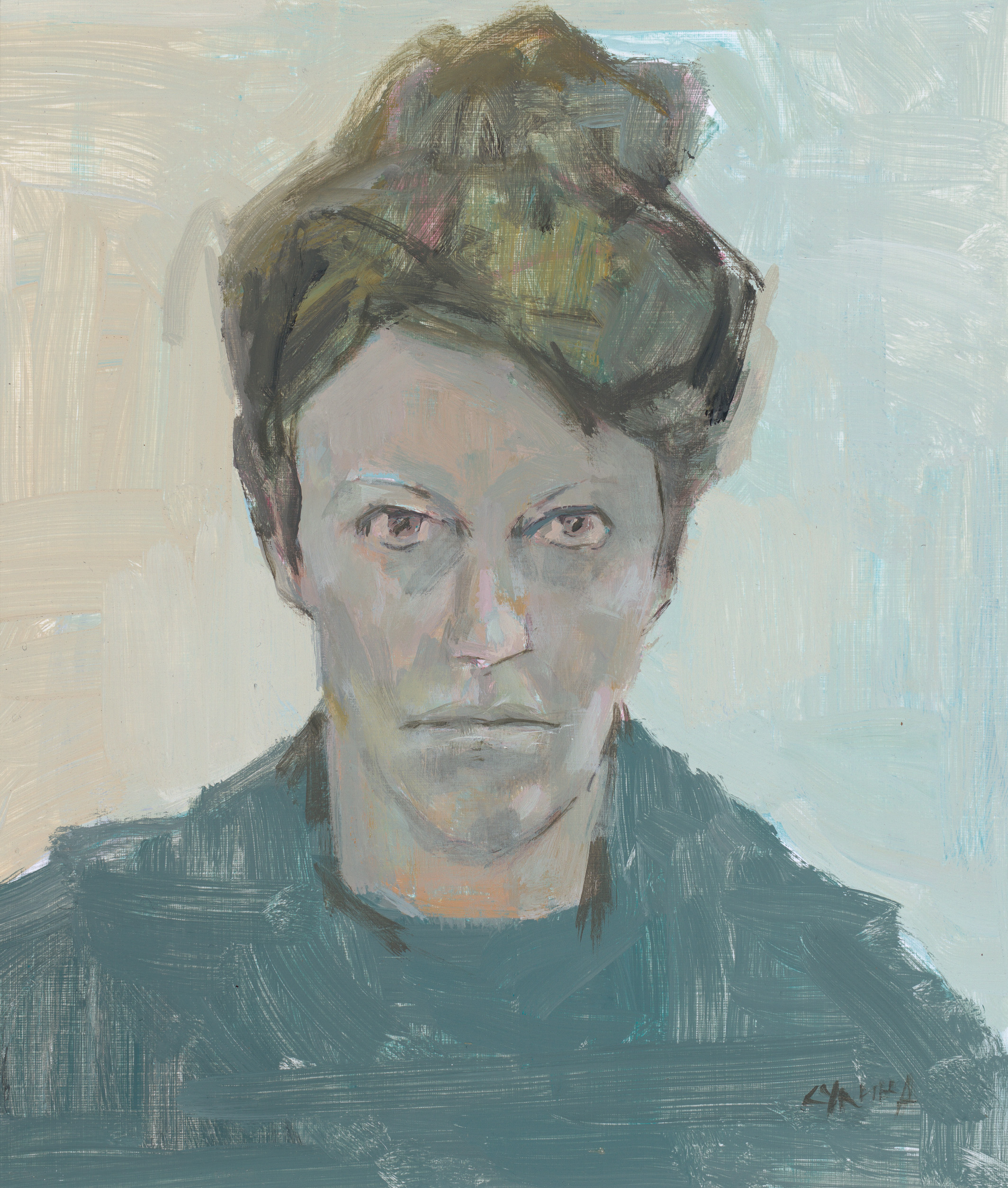 Dagmar Cyrulla 'Self portrait study in blue' oil on paper on board 31 x 26cm $4,000