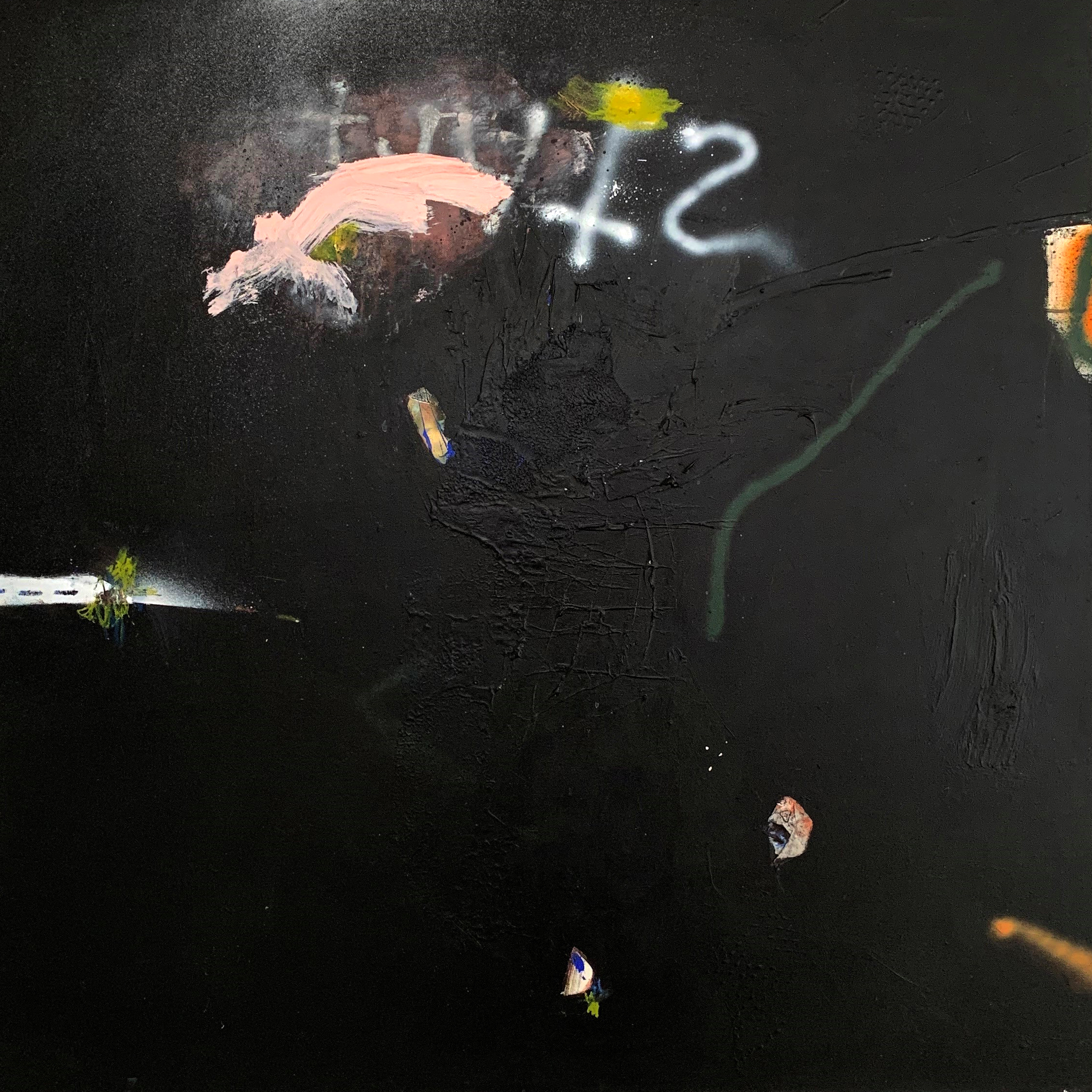 Harold David 'Got bored at the temple' acrylic spray paint collage and oil pastel on canvas 102 x 102cm $4,800