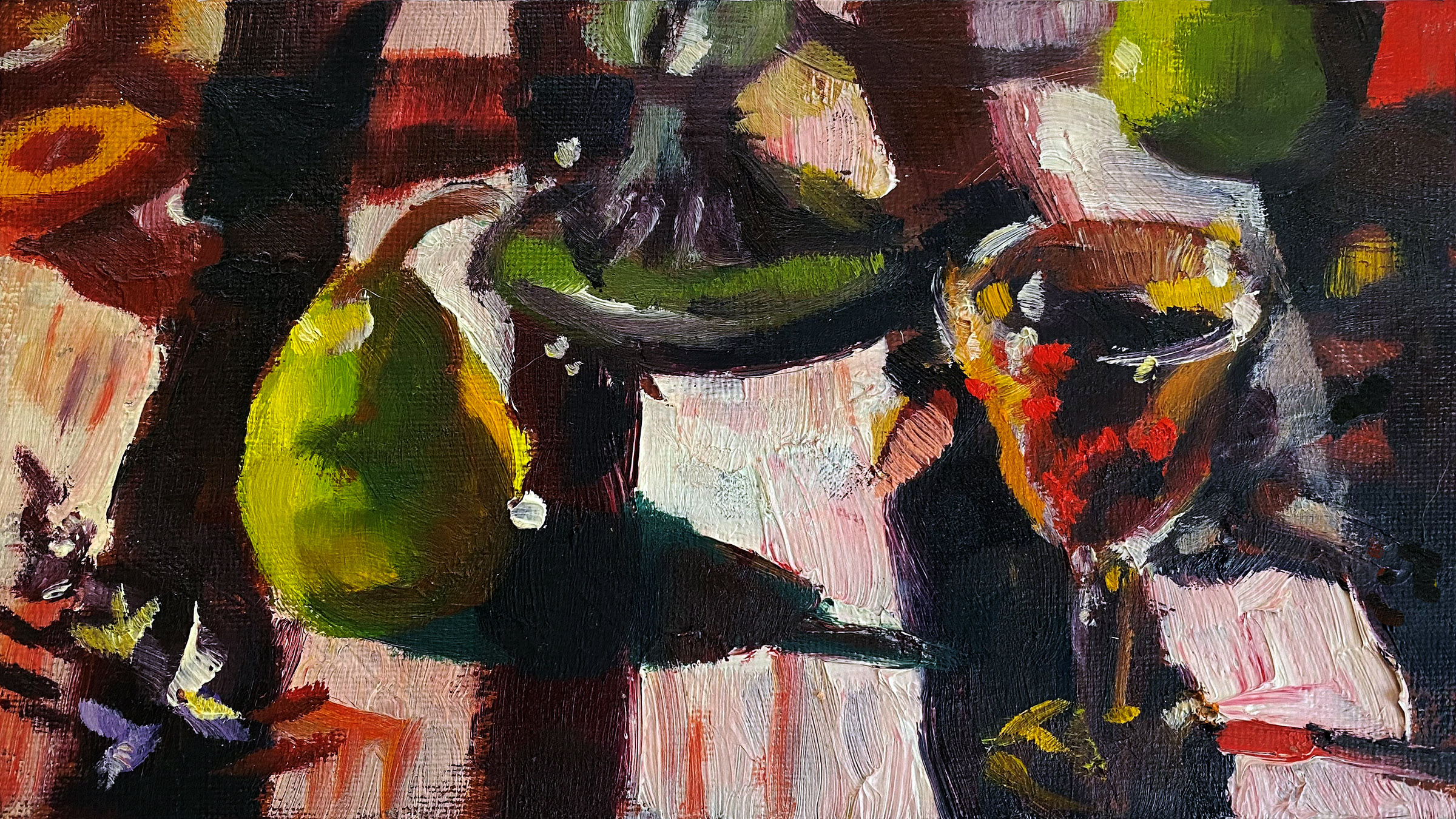 Valadon 'Pear and Wine' oil on canvas 23 x 13cm