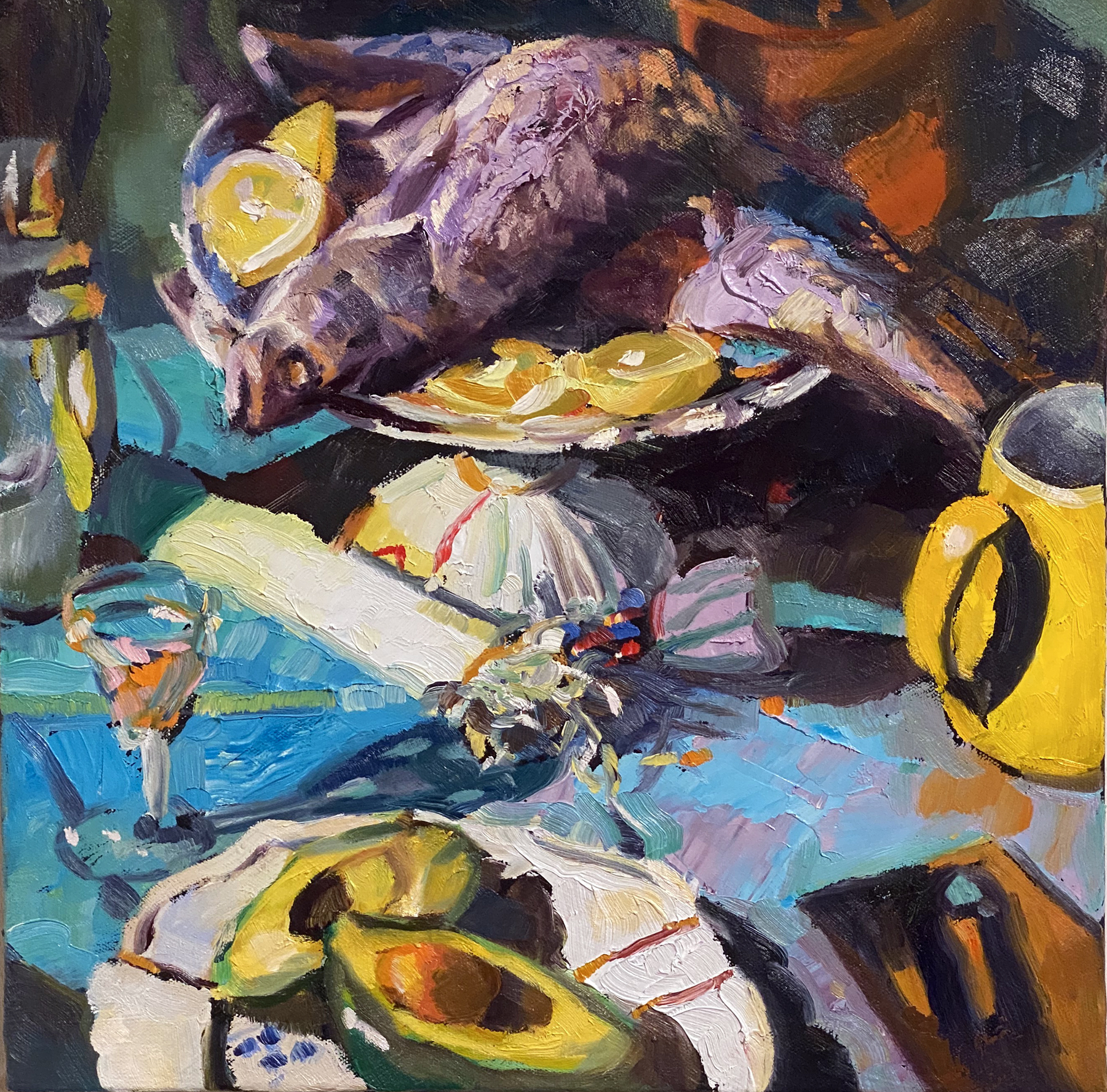 Rosemary Valadon 'Summer Days (Fish 2)' oil on canvas 40 x 40cm
