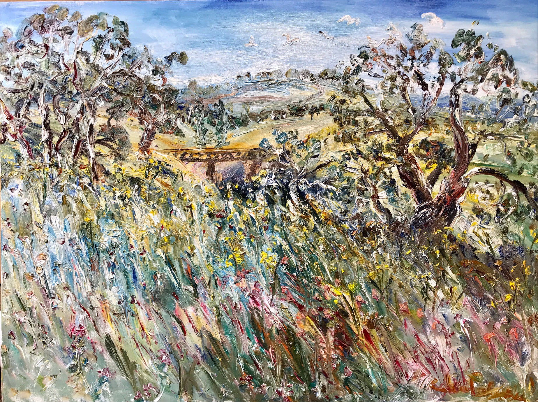Celia Perceval 'Old Railway Bridge and Yellow Wildflowers' oil on canvas 72 x 102cm $15,800