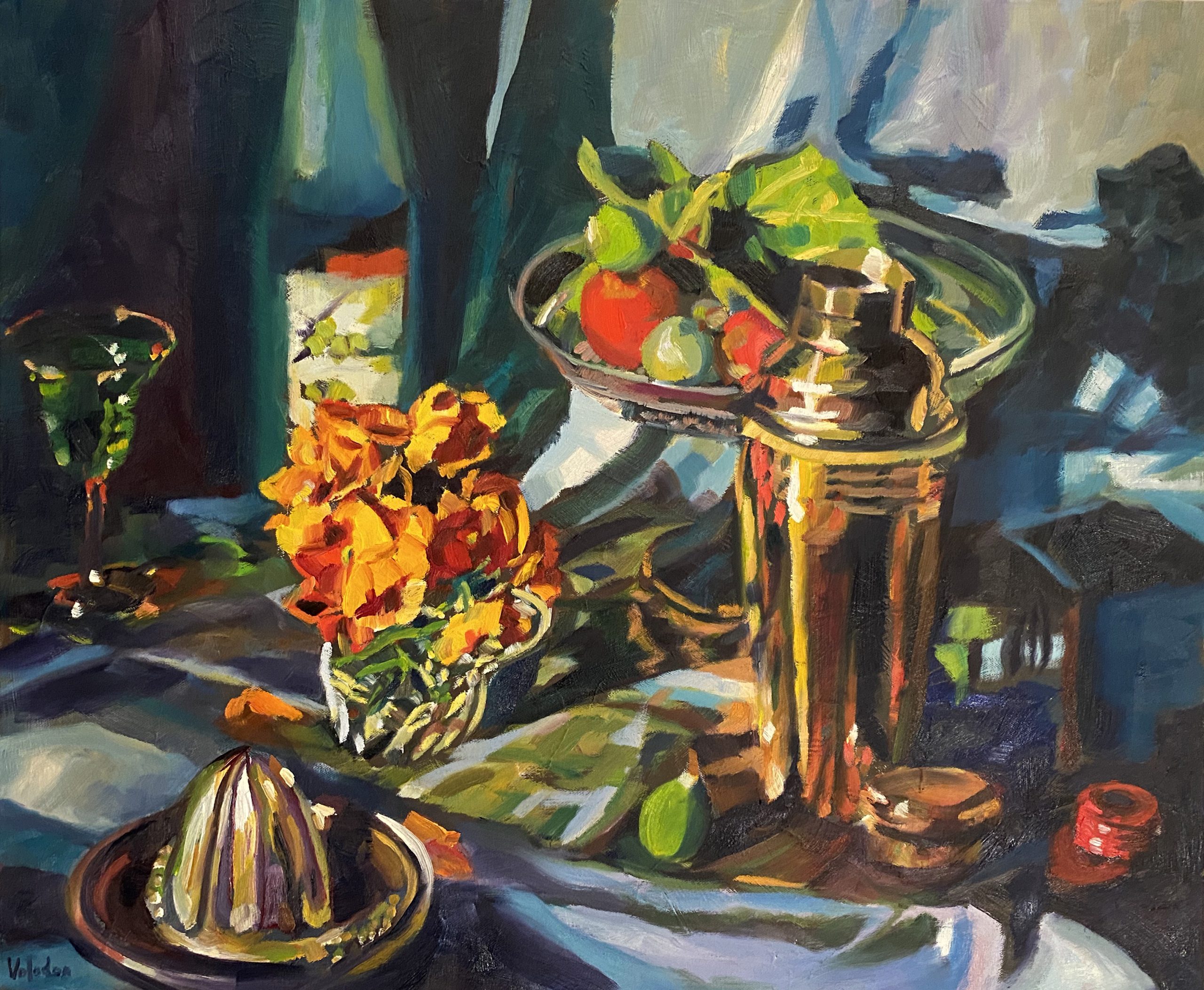 Rosemary Valadon 'Orange Pansies and Sour Apple' oil on canvas 61 x 76cm $9,600