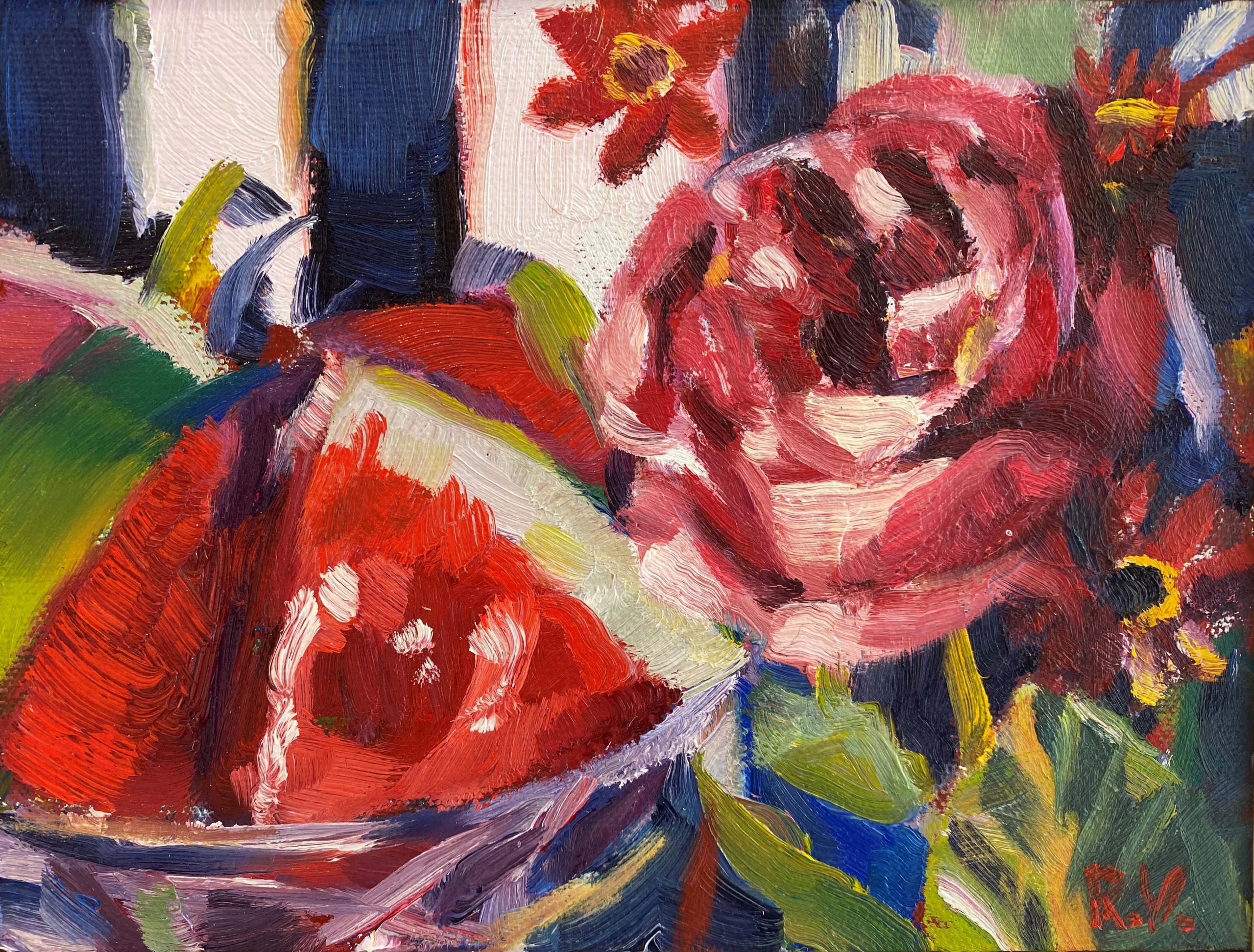 Rosemary Valadon 'Watermelon and Rose' oil on board 16 x 21cm $2,300