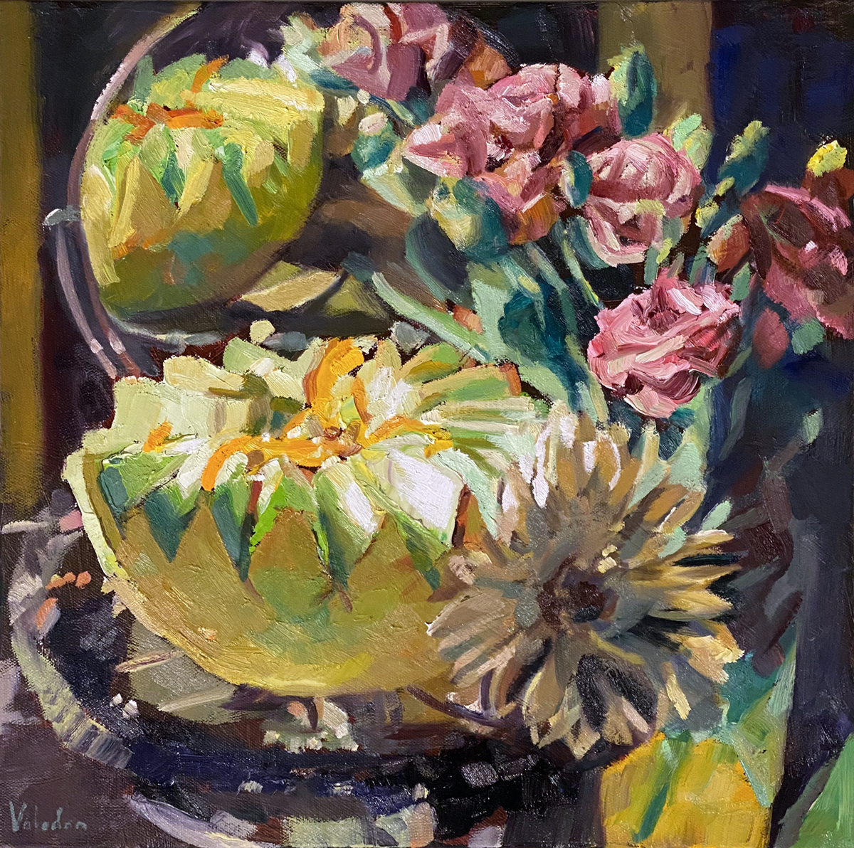 Rosemary Valadon 'Honeydew and Roses' oil on canvas 40 x 40cm