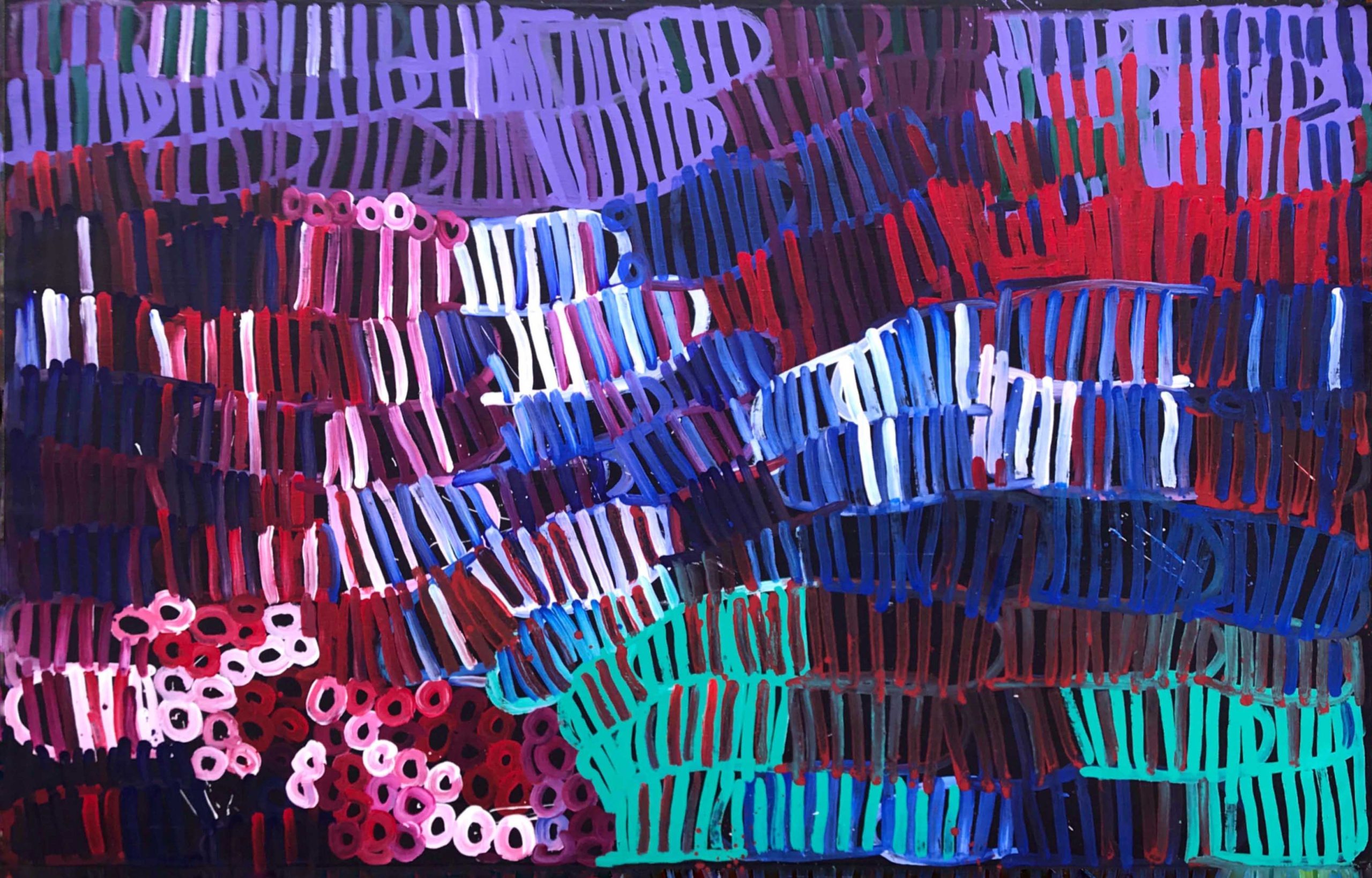 Minnie Pwerle 'Women's Ceremony' (2004) acrylic on linen 130 x 200cm $38,800 | Provenance: Private Collection, Sydney; purchased Mbantua Aboriginal Art Gallery, Alice Springs