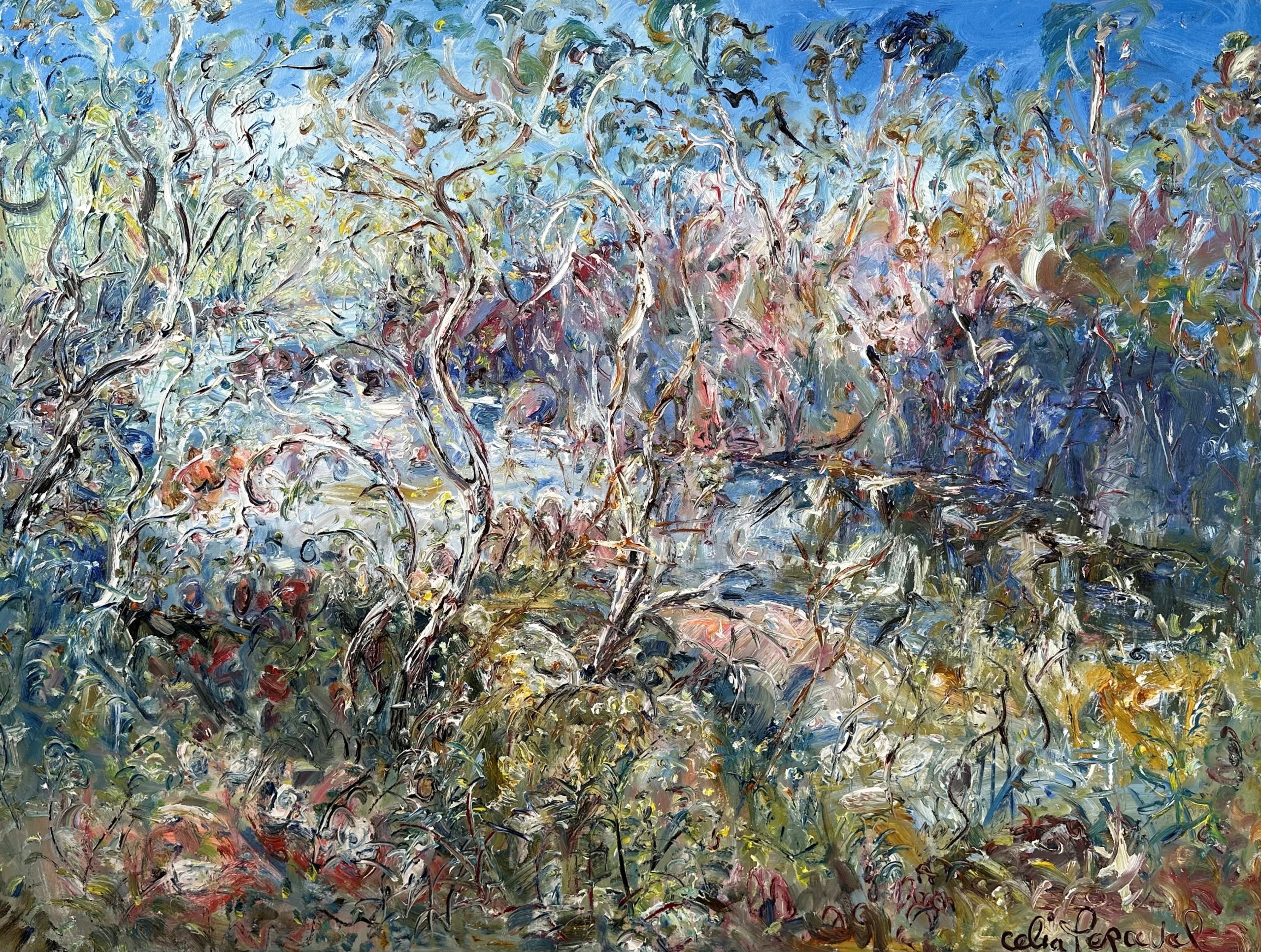 Celia Perceval, 'Wildflowers and Ibis in the Upper Shoalhaven', oil on canvas, 122 x 160cm, $35,000 | Provenance: Private Collection, Sydney