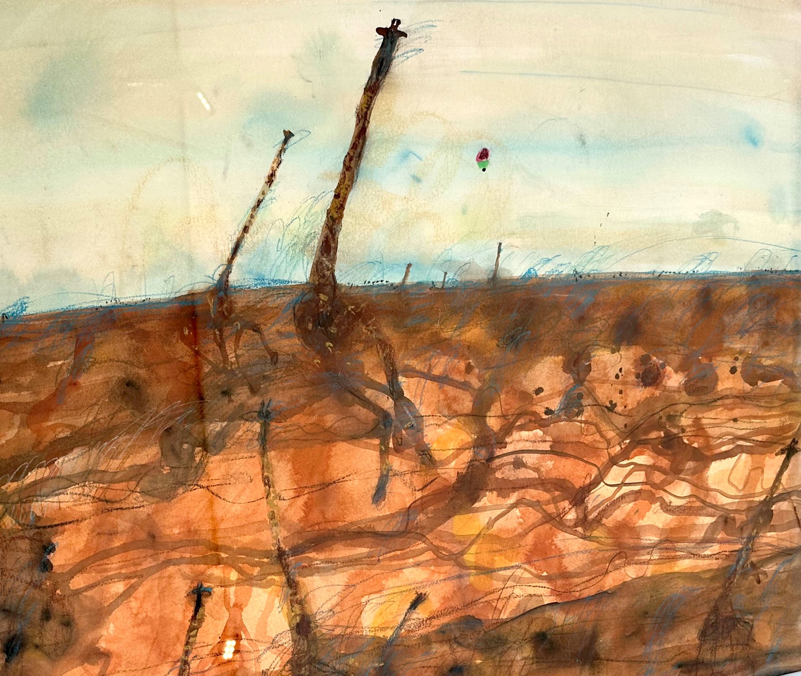 John Olsen, 'Giraffes and Balloon', 2004, watercolour and crayon on paper, 88 x 99cm, $130,000 | Provenance: Private Collection, Sydney; Savill Galleries, Sydney.