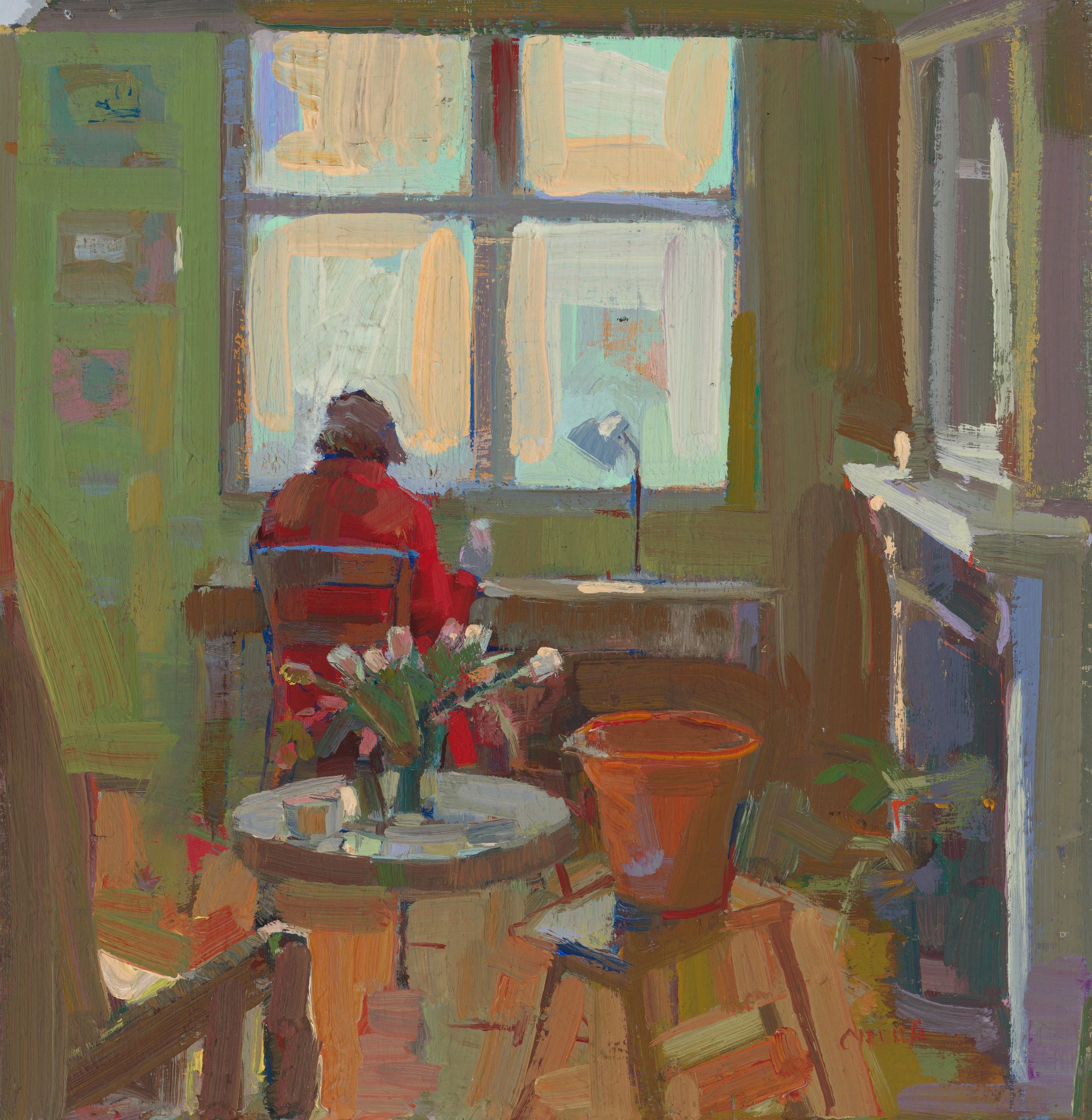 Dagmar Cyrulla 'Room with a View' oil on paper on board 27 x 27cm SOLD