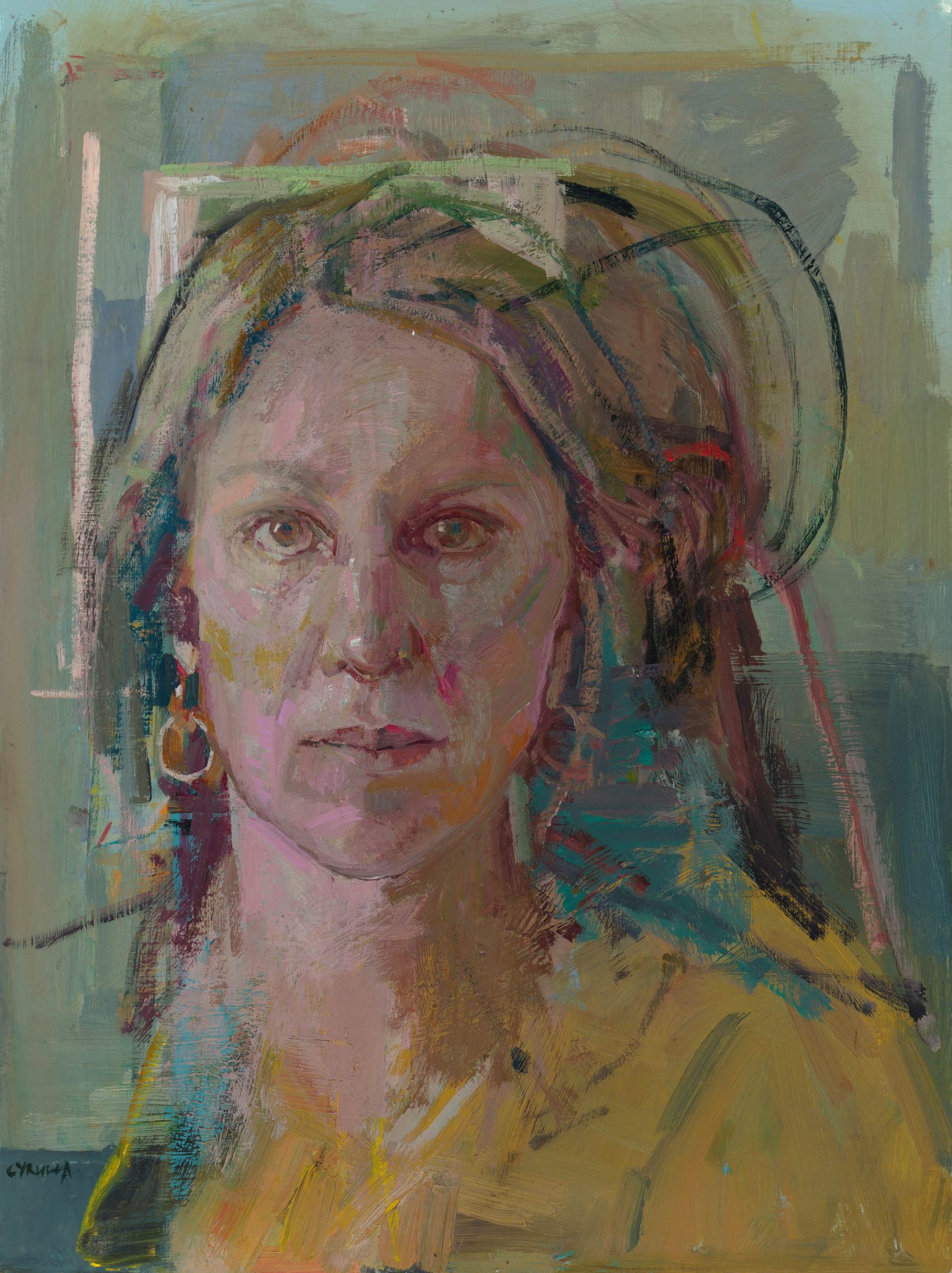 Dagmar Cyrulla 'Self Portrait' oil on canvas paper on board 51 x 39cm $6000