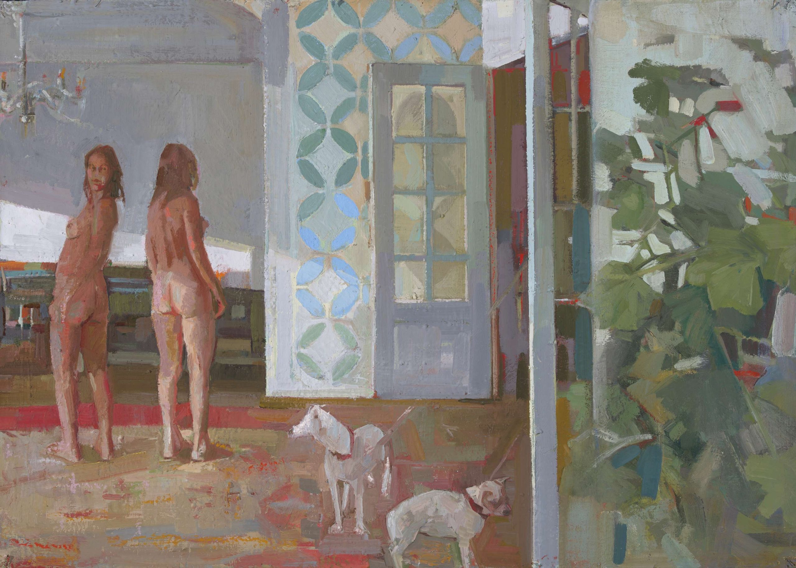 Dagmar Cyrulla 'Two Women and Two Dogs in a Room' oil on canvas paper on board 64 x 89cm $8000