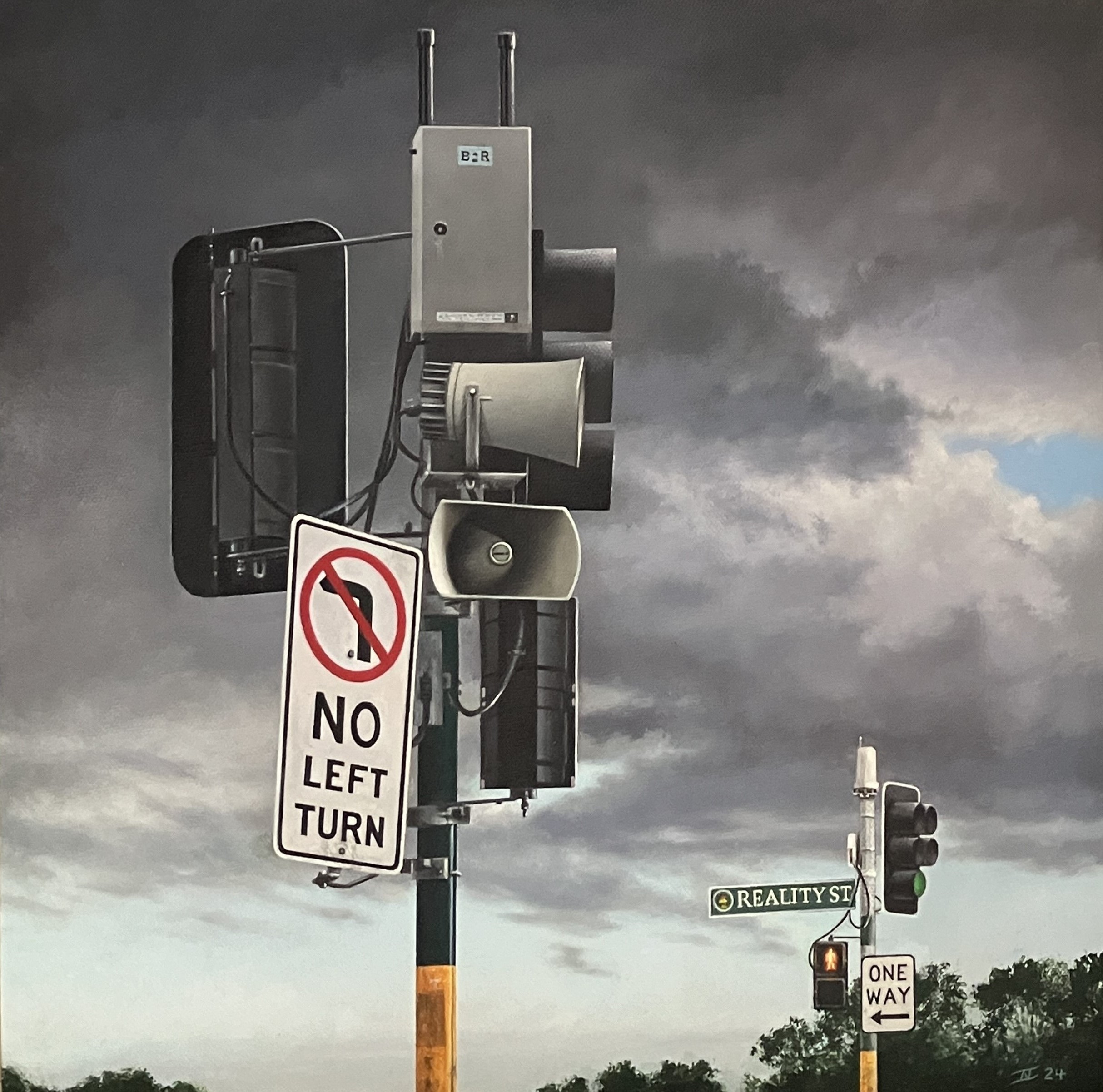 Nick Stathopoulos 'Can you tell me how to get to...... Reality Street' oil on canvas laid on board 40 x 40cm $3,500