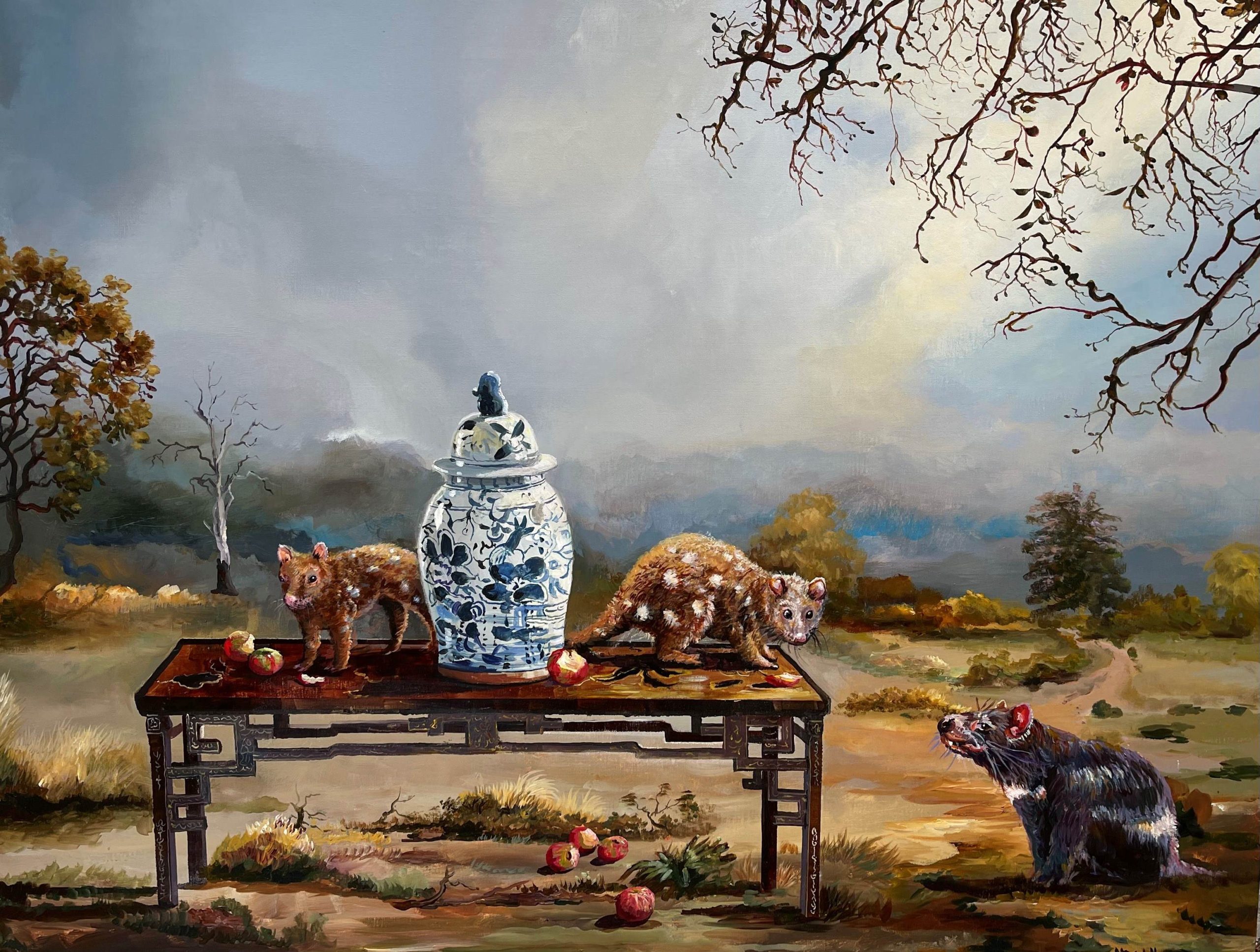 Melissa Egan 'Battle of the Quolls' acrylic on linen 92 x 122cm $16,000