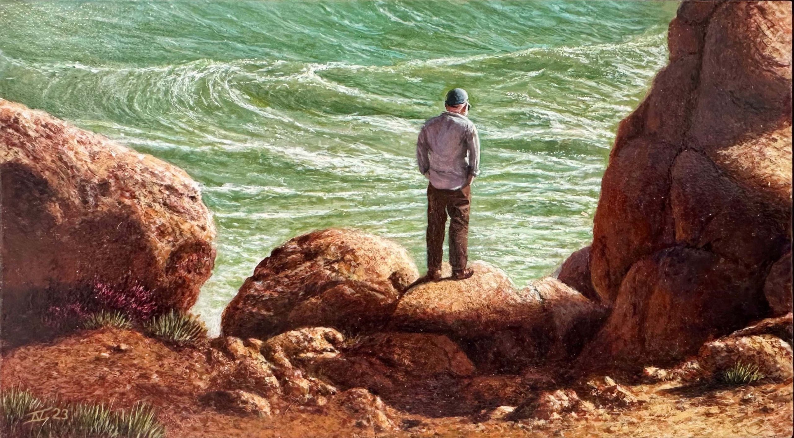 Nick Stathopoulos 'On the Rocks' acrylic and oil on board 12.5 x 23cm $2,500