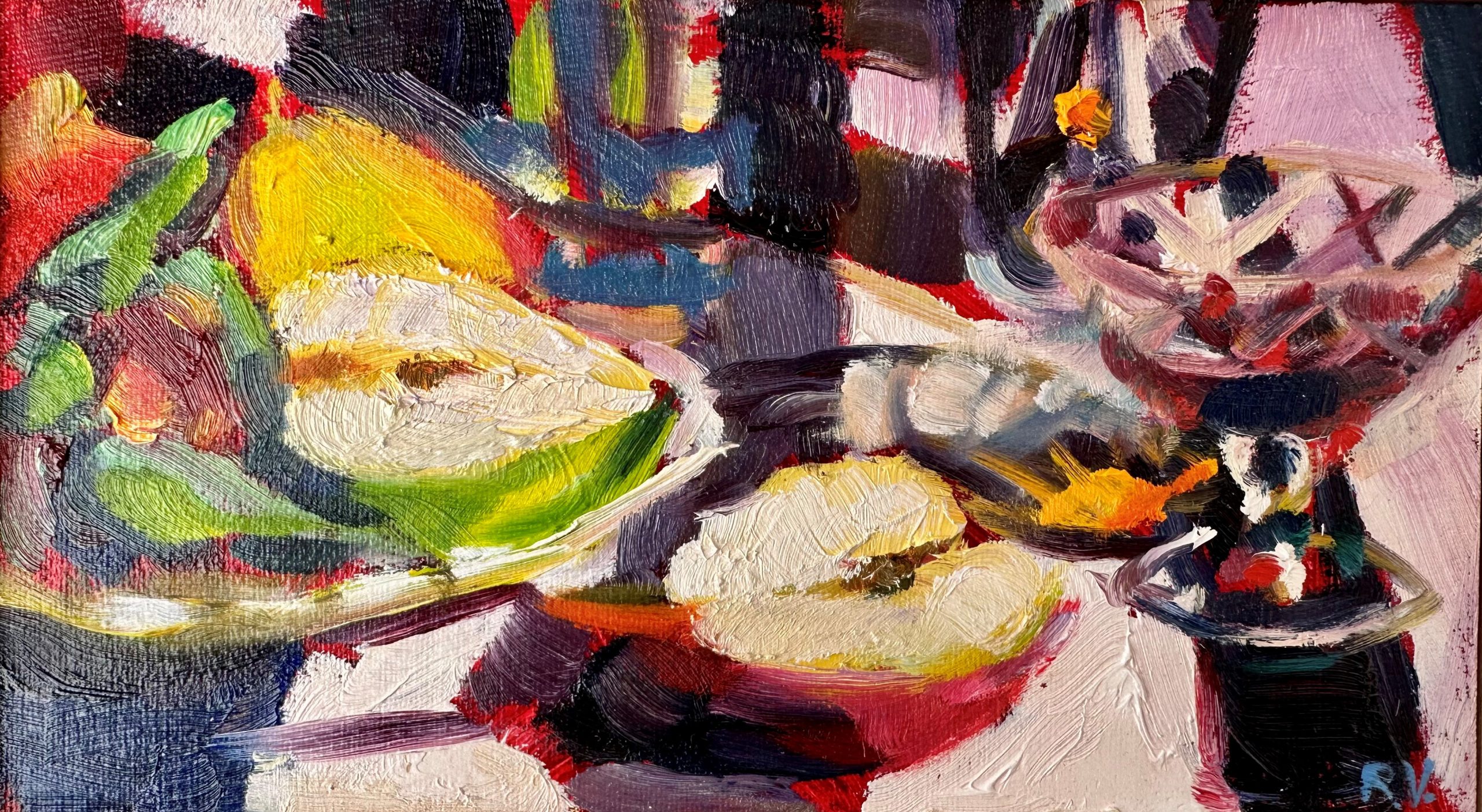 Rosemary Valadon 'Apples and Aperol' oil on canvas 13 x 23cm $2,300