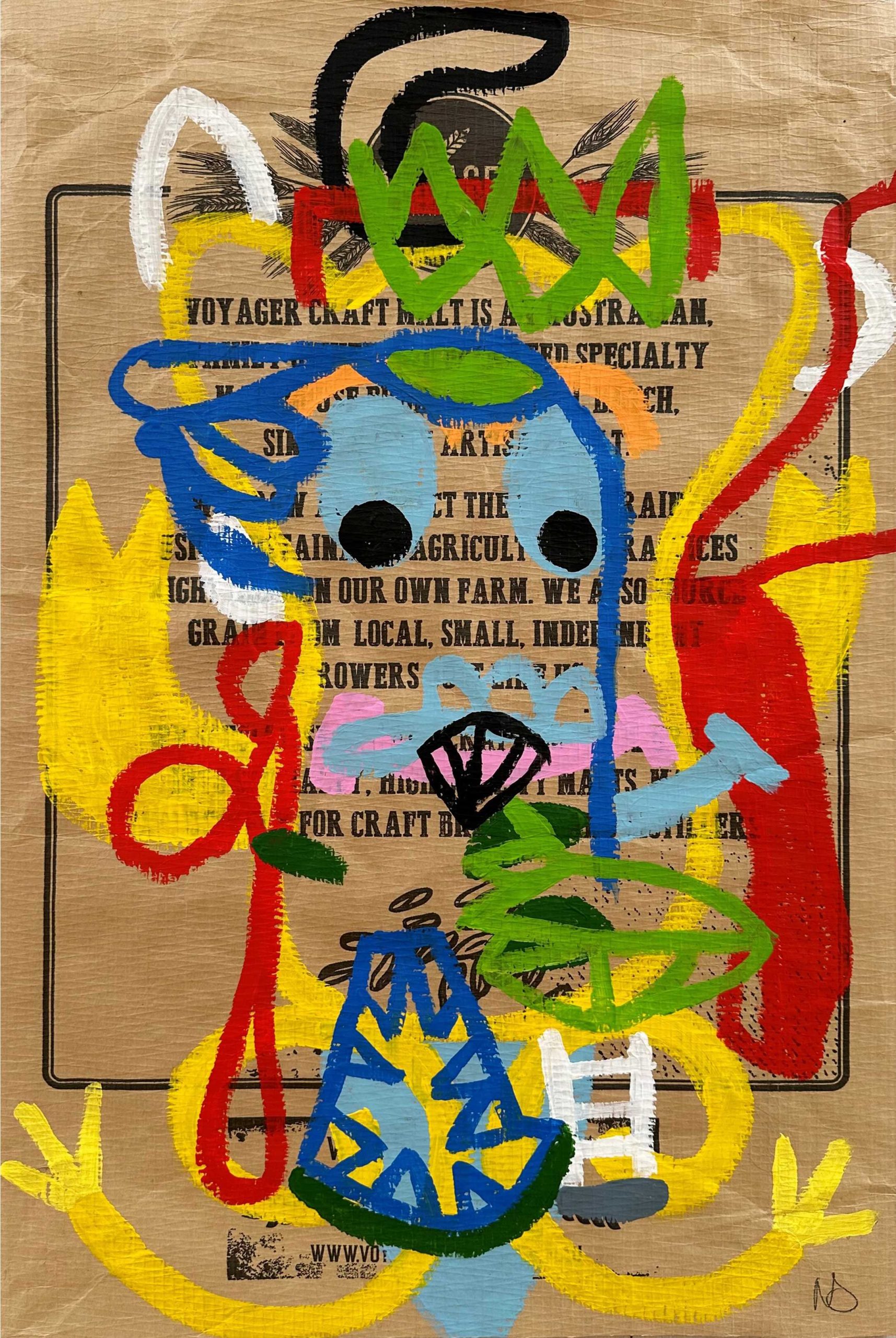Nigel Sense 'Untitled 1' acrylic paint on malt bag 67 x 45cm $1,100