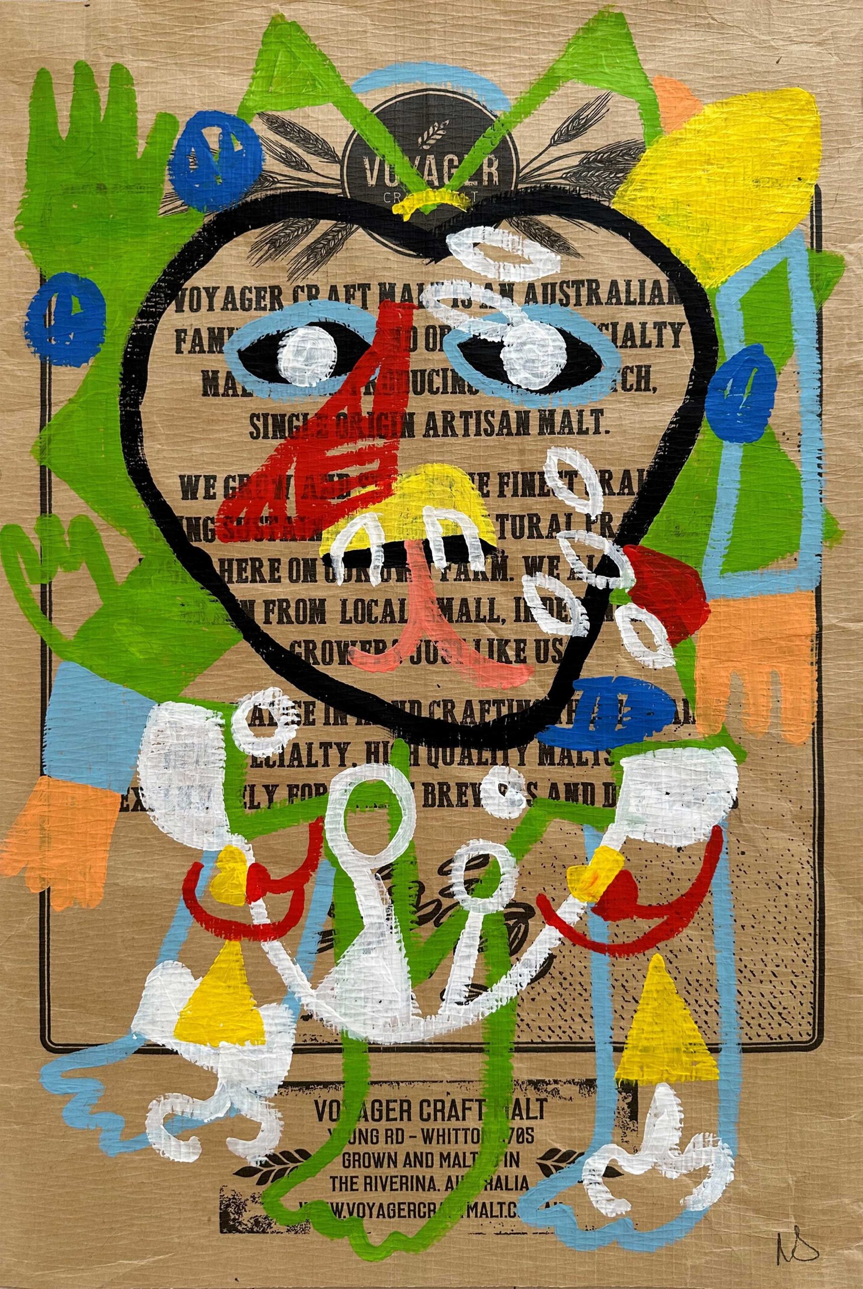 Nigel Sense 'Untitled 2' acrylic paint on malt bag 67 x 45cm $1,100