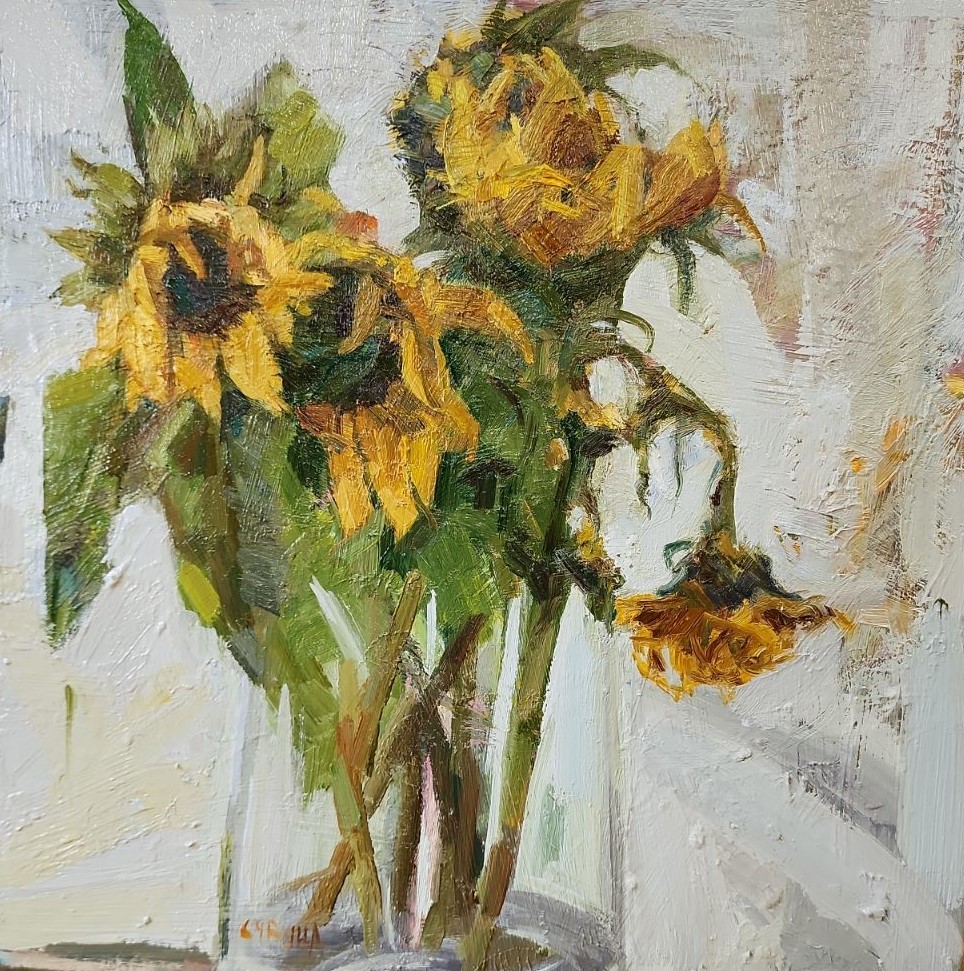 Dagmar Cyrulla 'Still Sunflowers' oil on linen 40 x 40cm SOLD Dagmar Cyrulla 'Still Sunflowers' oil on linen 40 x 40cm SOLD
