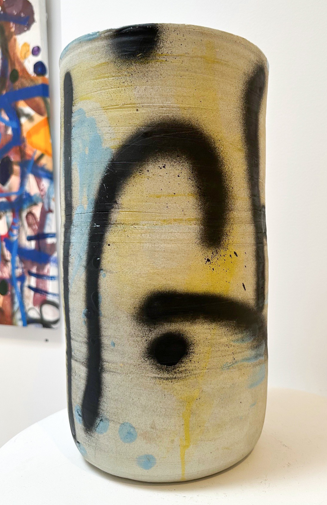 Acrylic and spray paint on glazed stoneware vessels; Hand-painted by Al Poulet, Thrown by Tom Mason;  40 x 22 x 23cm SOLD